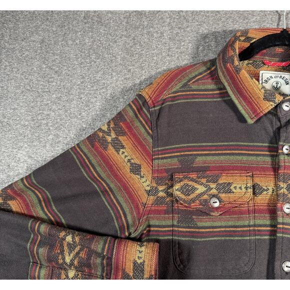 Iron & Resin Shirt Mens Large Brown Aztec Southwestern Stripe Button Up Cotton - Picture 7 of 13